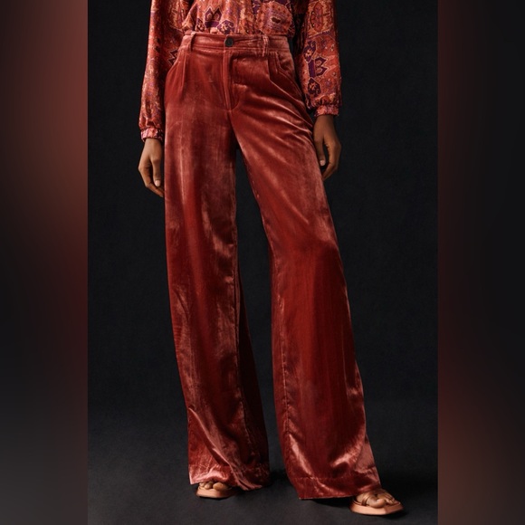 🍷By Anthropologie Wide-Leg Velvet Trousers, 12 Tall - Picture 3 of 7